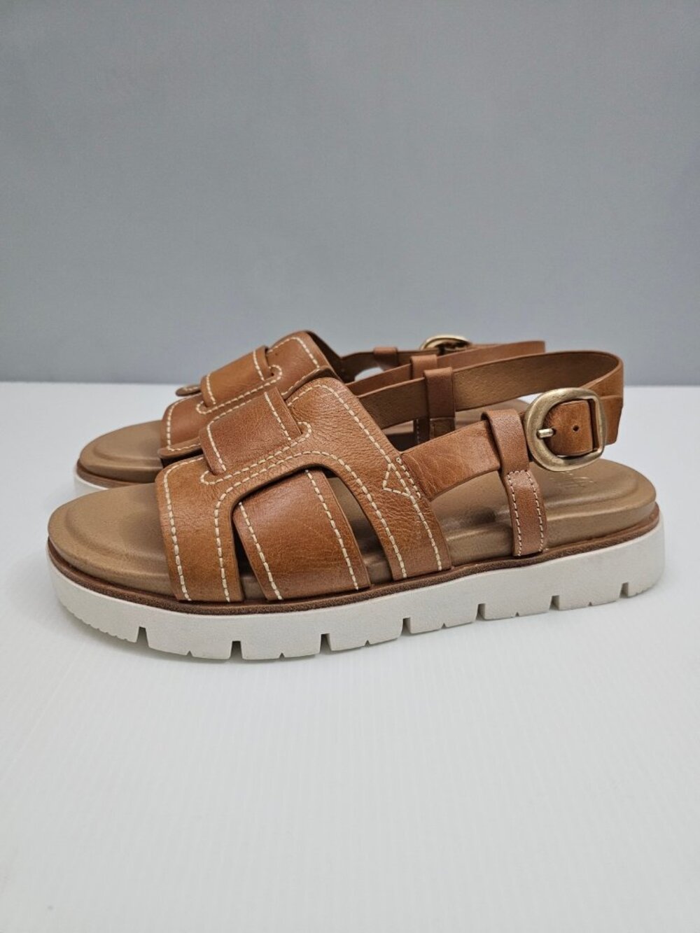 Sofft Goldie Fisherman Platform Sandals Womens 7.5 Tan Leather Comfort Lug Sole